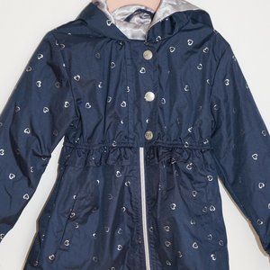 Girls- Never worn rain jacket. Size 4t- Navy blue with silver hearts